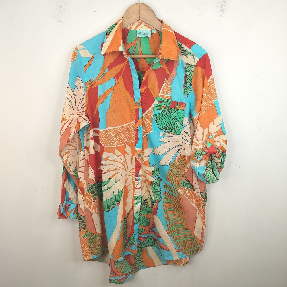 True Destinations Button Down Tunic Large Tropical Floral Beachy Colorful Cotton